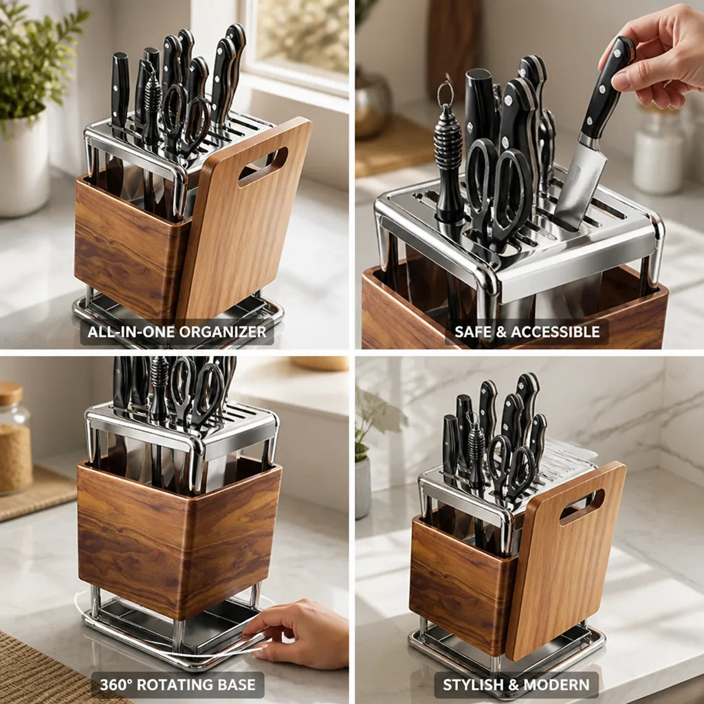Knife Block Wood-Look Rotating Base & Cutting Board Slot