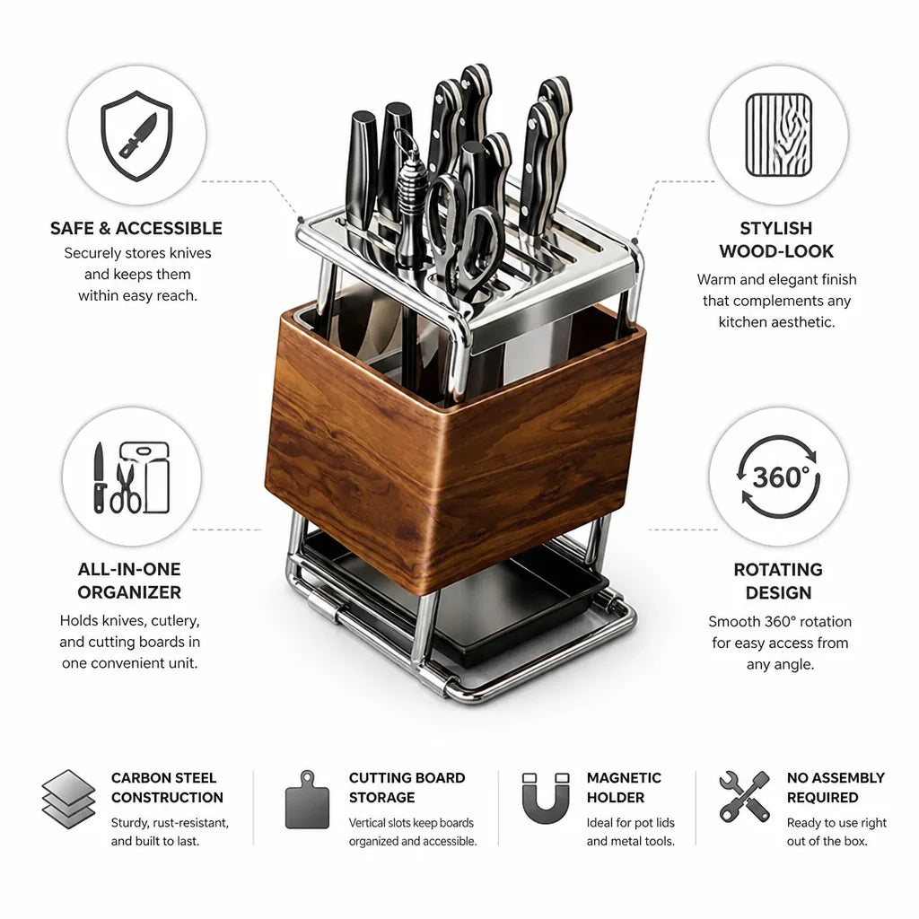 Knife Block Wood-Look Rotating Base & Cutting Board Slot