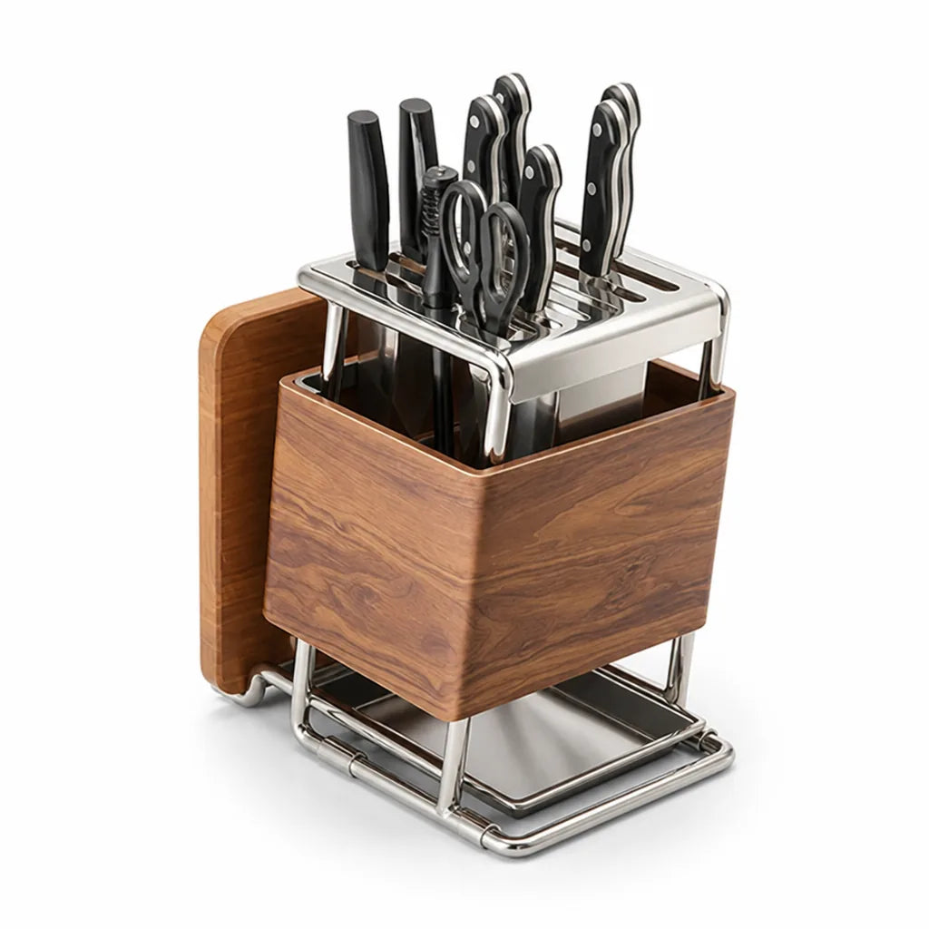 Knife Block Wood-Look Rotating Base & Cutting Board Slot