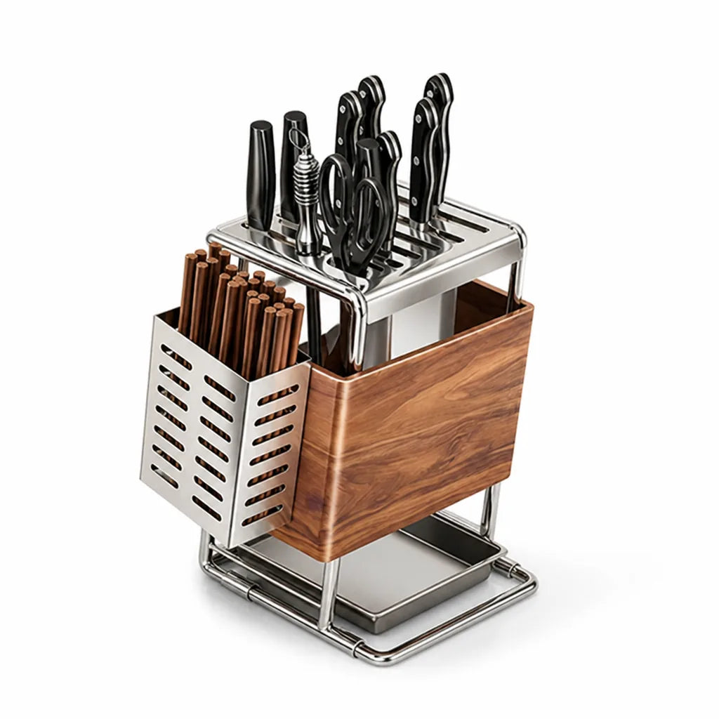 Knife Block Wood-Look Rotating Base & Cutting Board Slot