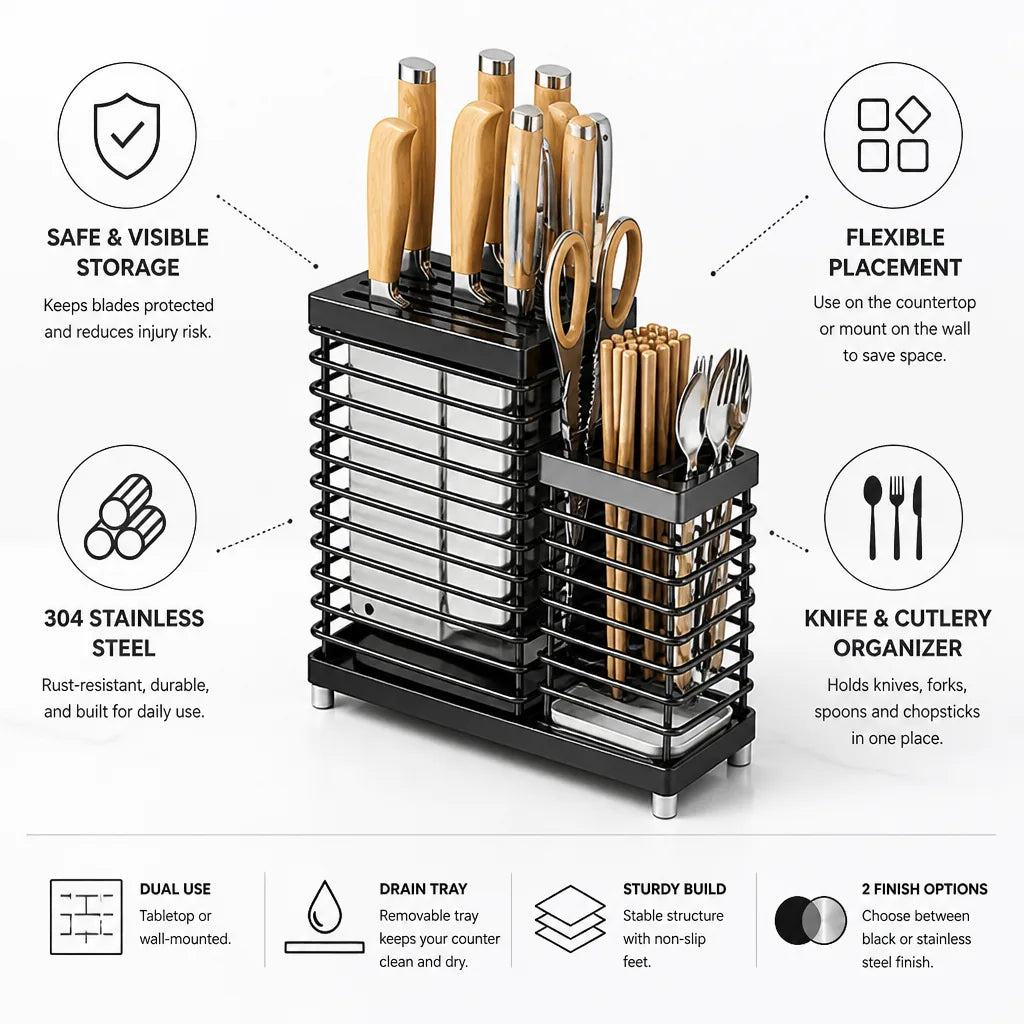 Knife Holder 304 Stainless Steel Wall-Mount & Countertop