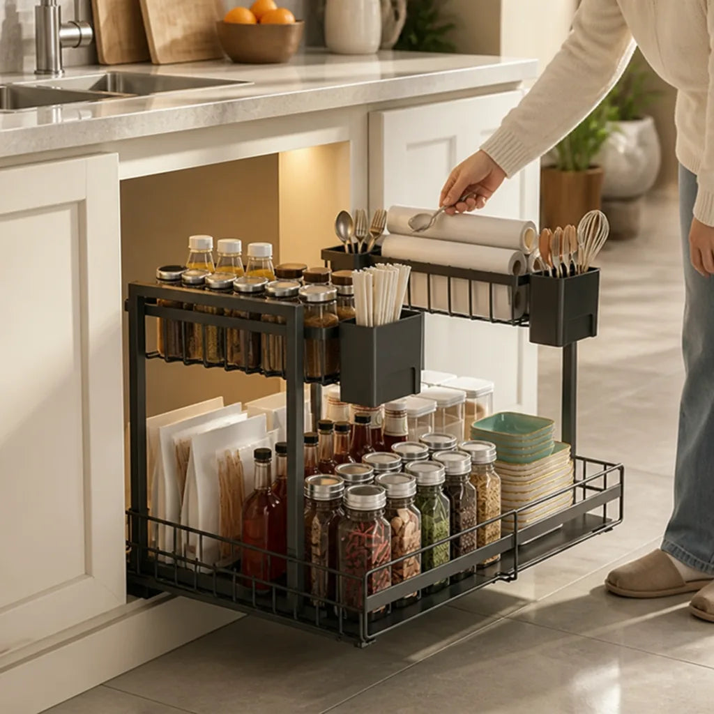 L-Shaped Two-Tier Under-Sink Pull-Out Kitchen Shelf