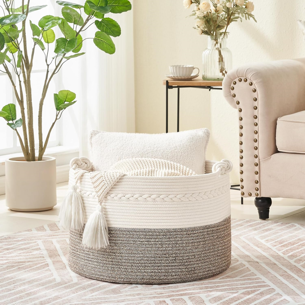 Large Round Storage Basket Cotton Rope & Thick Handles