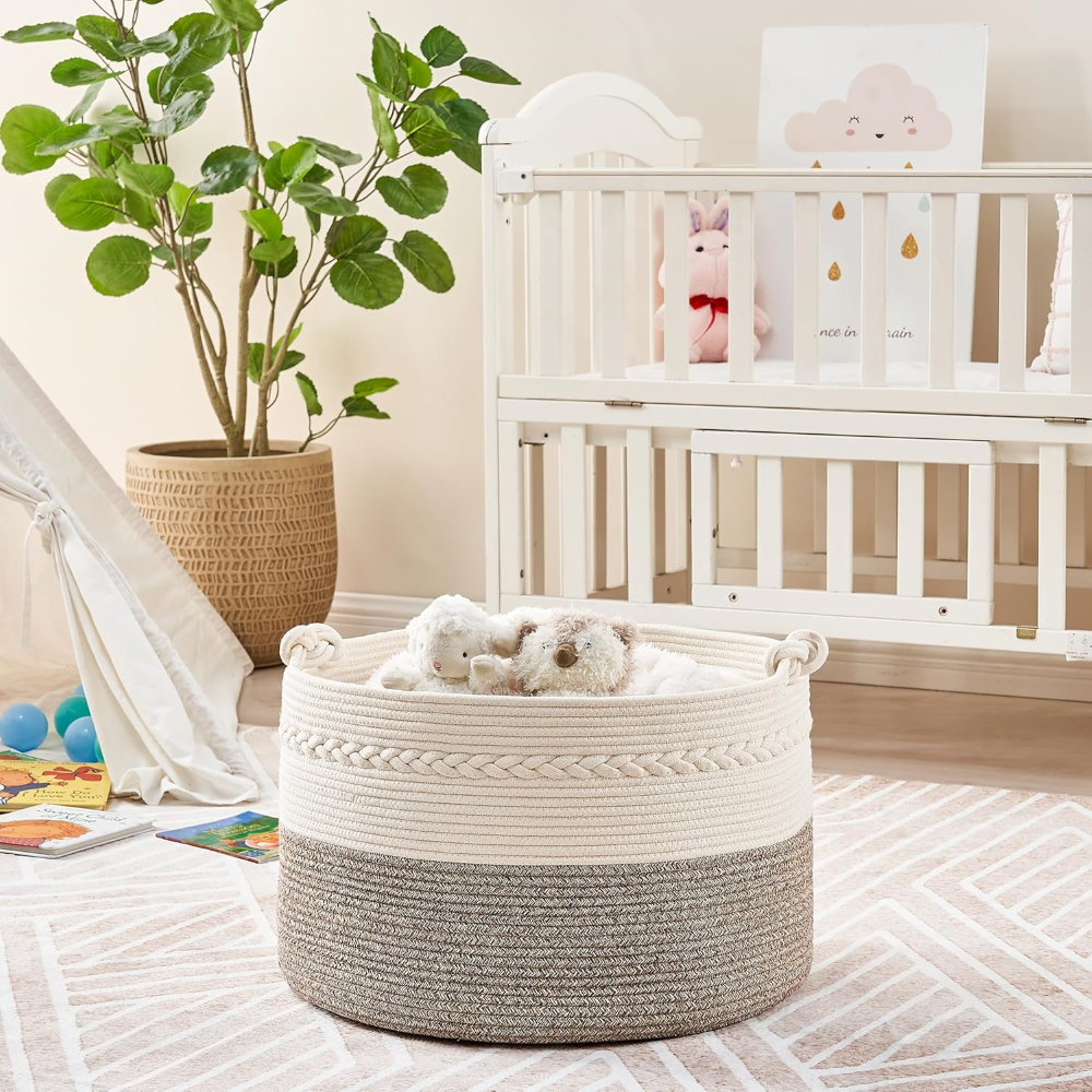 Large Round Storage Basket Cotton Rope & Thick Handles