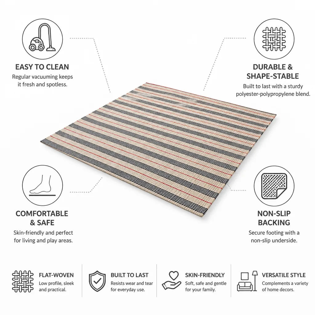 Large Rug Flat-Woven Check Pattern Non-Slip Backing