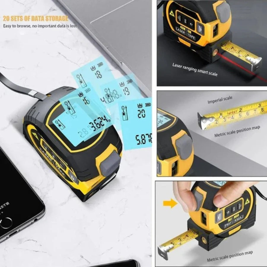 Laser Measuring Tape 3-in-1 Backlit LCD Steel Tape