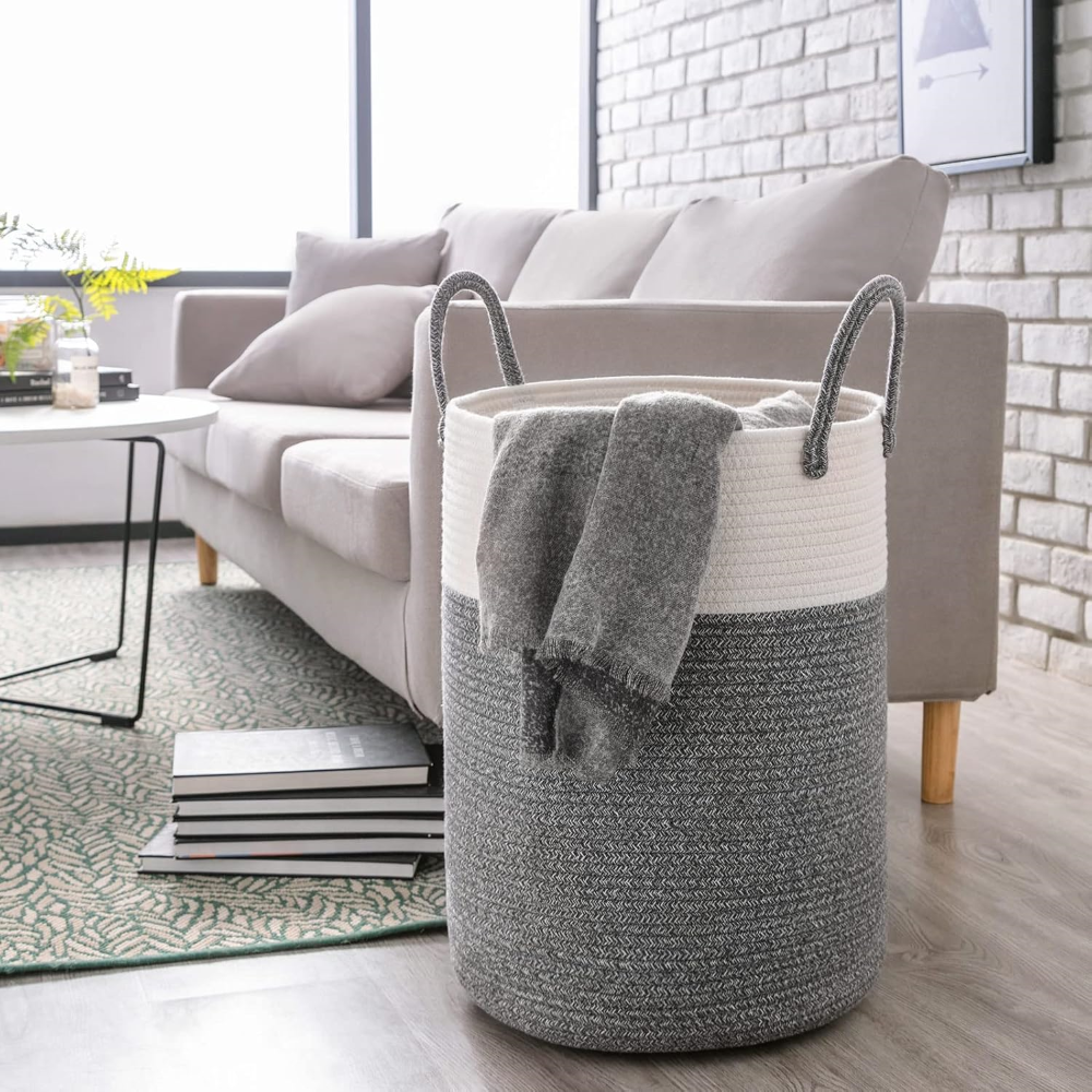 Laundry Basket Extra-Tall Cotton Rope 58 L Capacity