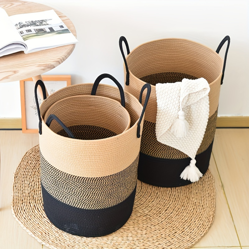 Laundry Basket Tall Cylindrical Cotton Rope Foldable