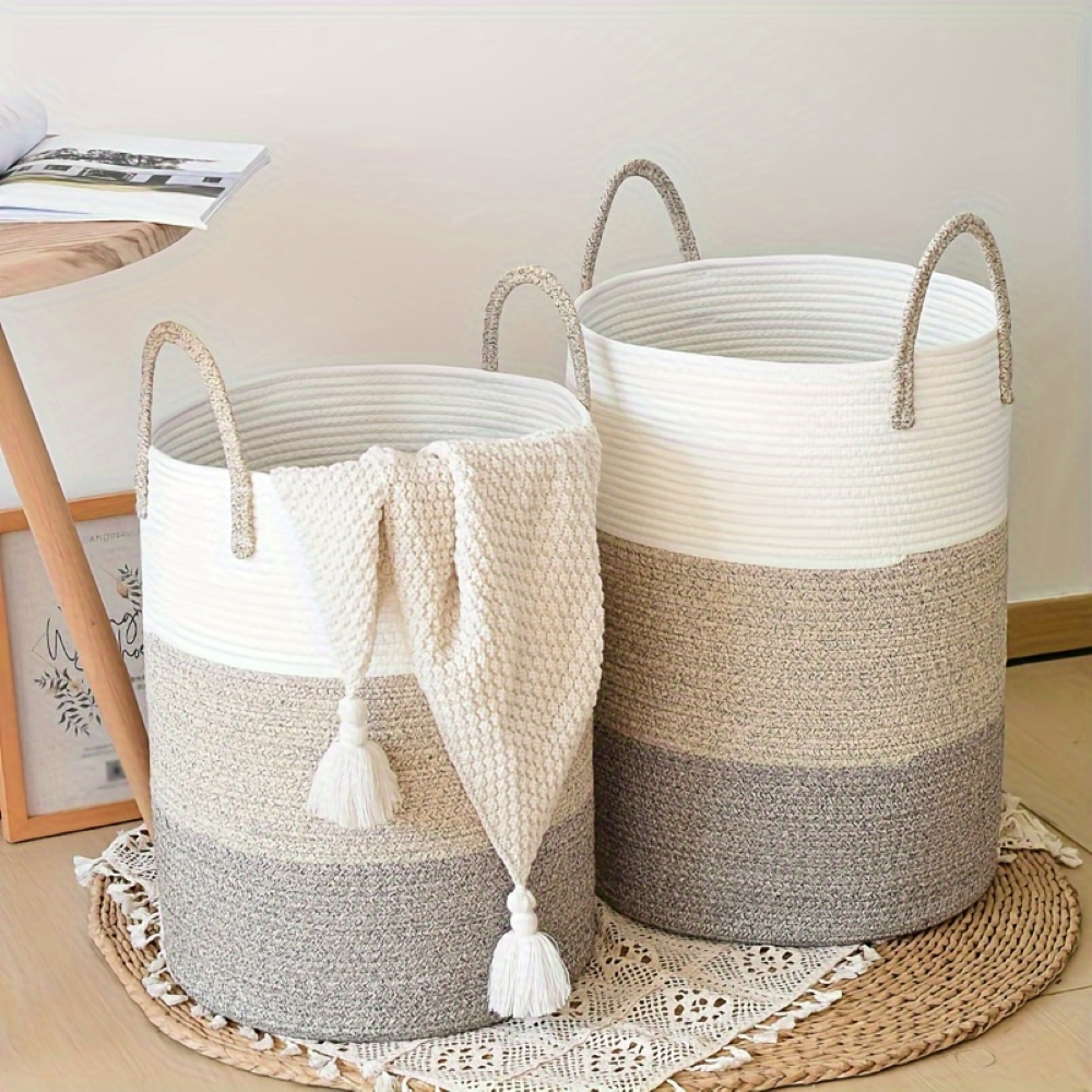 Laundry Basket Tall Cylindrical Cotton Rope Foldable