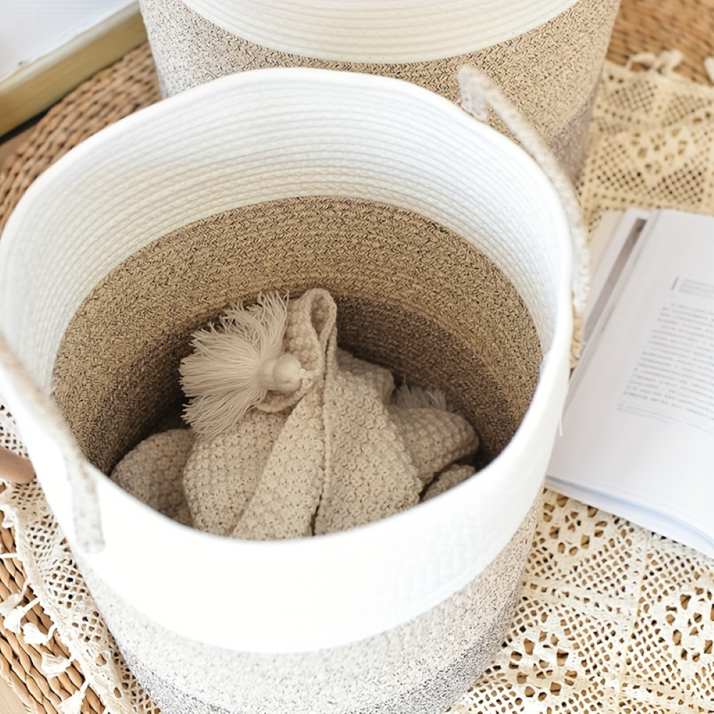 Laundry Basket Tall Cylindrical Cotton Rope Foldable