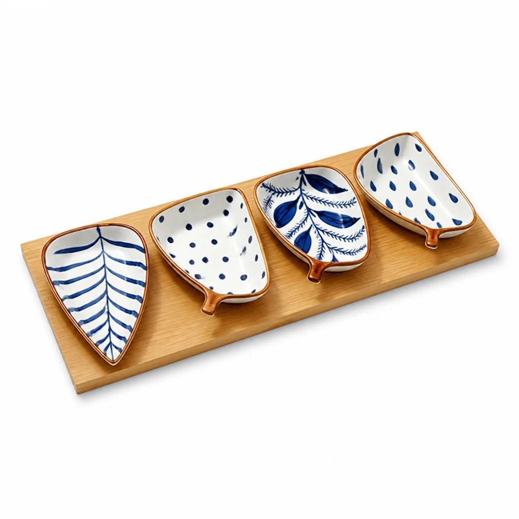 Leaf-Shaped Nordic Ceramic Serving Dish with Bamboo Tray