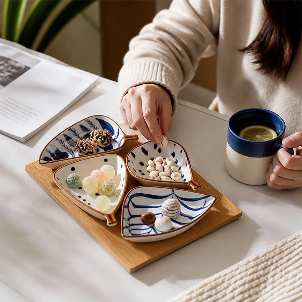 Leaf-Shaped Nordic Ceramic Serving Dish with Bamboo Tray