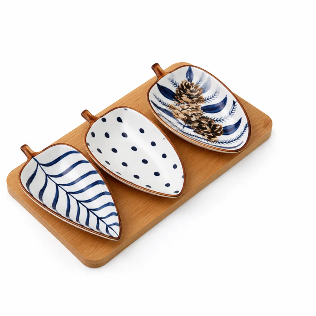 Leaf-Shaped Nordic Ceramic Serving Dish with Bamboo Tray