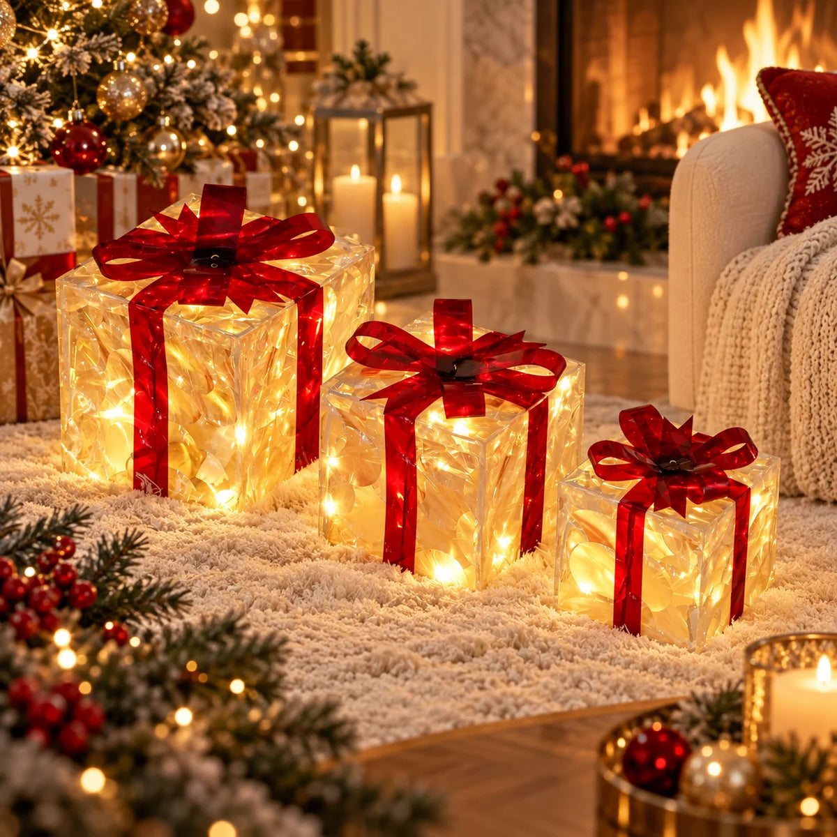 Lighted Gift Boxes Warm White LED Set of 3