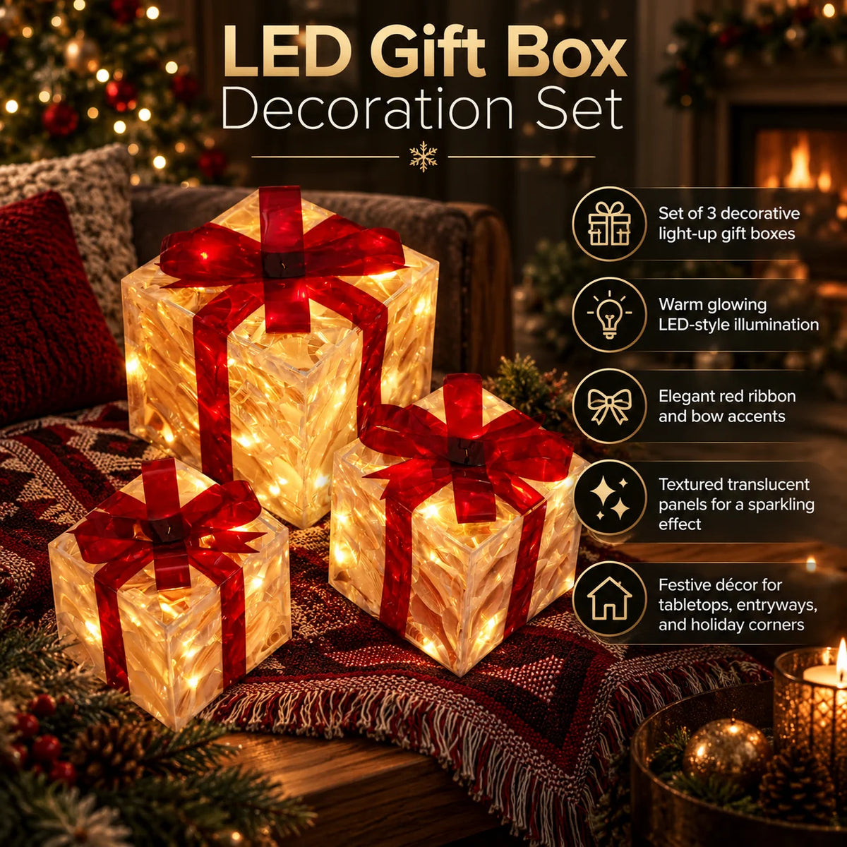 Lighted Gift Boxes Warm White LED Set of 3
