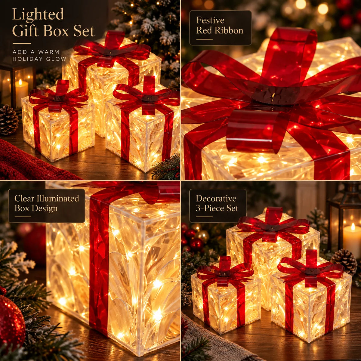 Lighted Gift Boxes Warm White LED Set of 3