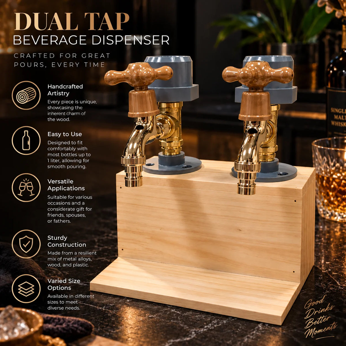Liquor Dispenser Rustic Wood Metal Tap Self-Serve