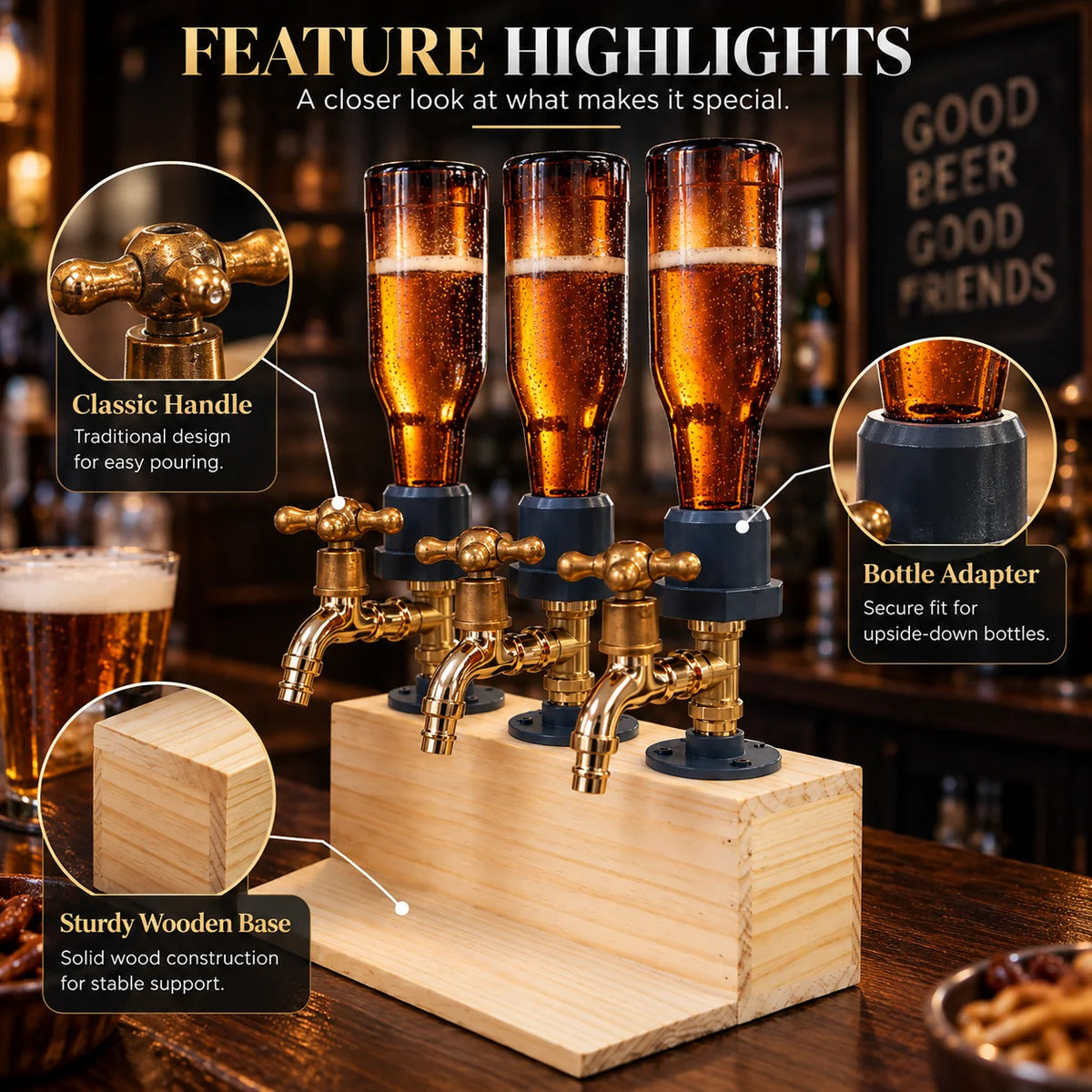 Liquor Dispenser Rustic Wood Metal Tap Self-Serve