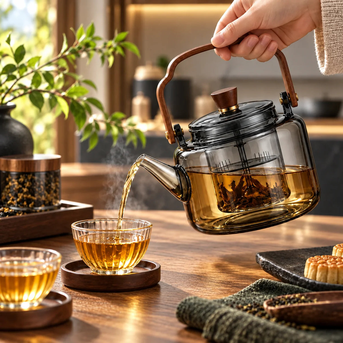 Loose Leaf Teapot Borosilicate Glass Built-In Strainer 40 oz