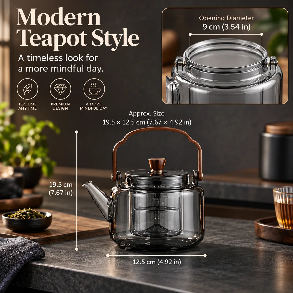 Loose Leaf Teapot Borosilicate Glass Built-In Strainer 40 oz