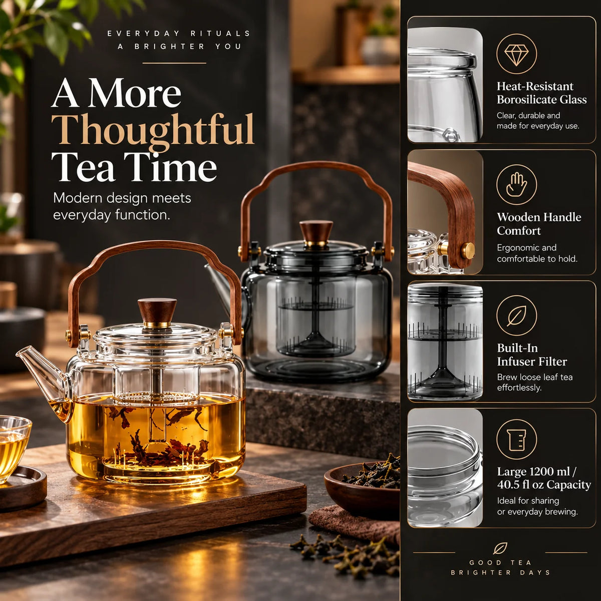 Loose Leaf Teapot Borosilicate Glass Built-In Strainer 40 oz