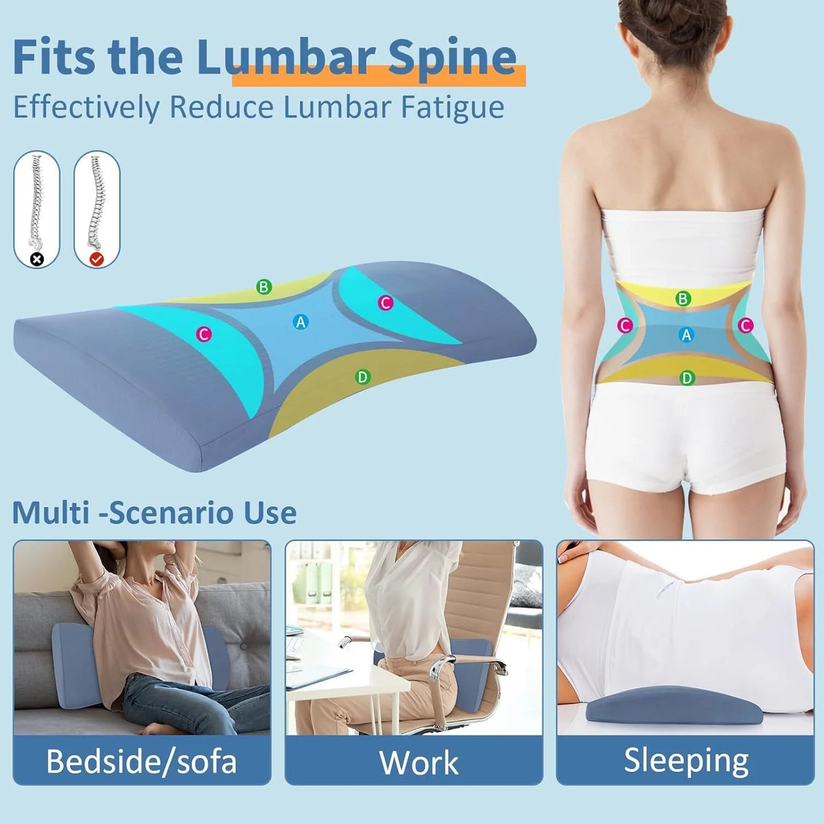 Lumbar Pillow Memory Foam Curved Bolster Machine Washable Cover