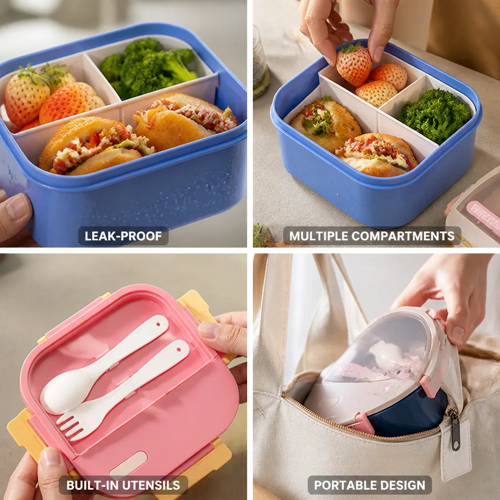 Lunch Box Leak-Proof Multiple Compartments & Built-In Utensils
