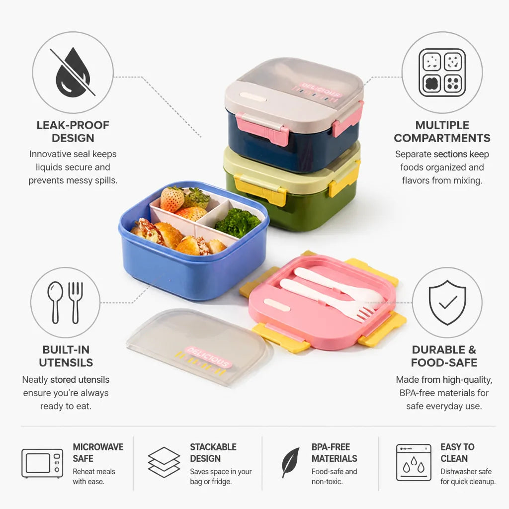 Lunch Box Leak-Proof Multiple Compartments & Built-In Utensils