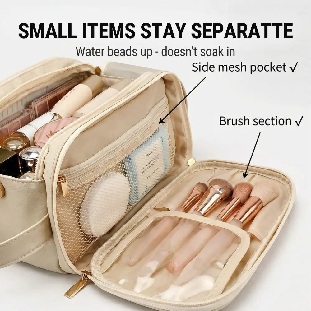 Makeup Organizer Bag Flat Foldable Dual-Zip & Brush Protectors