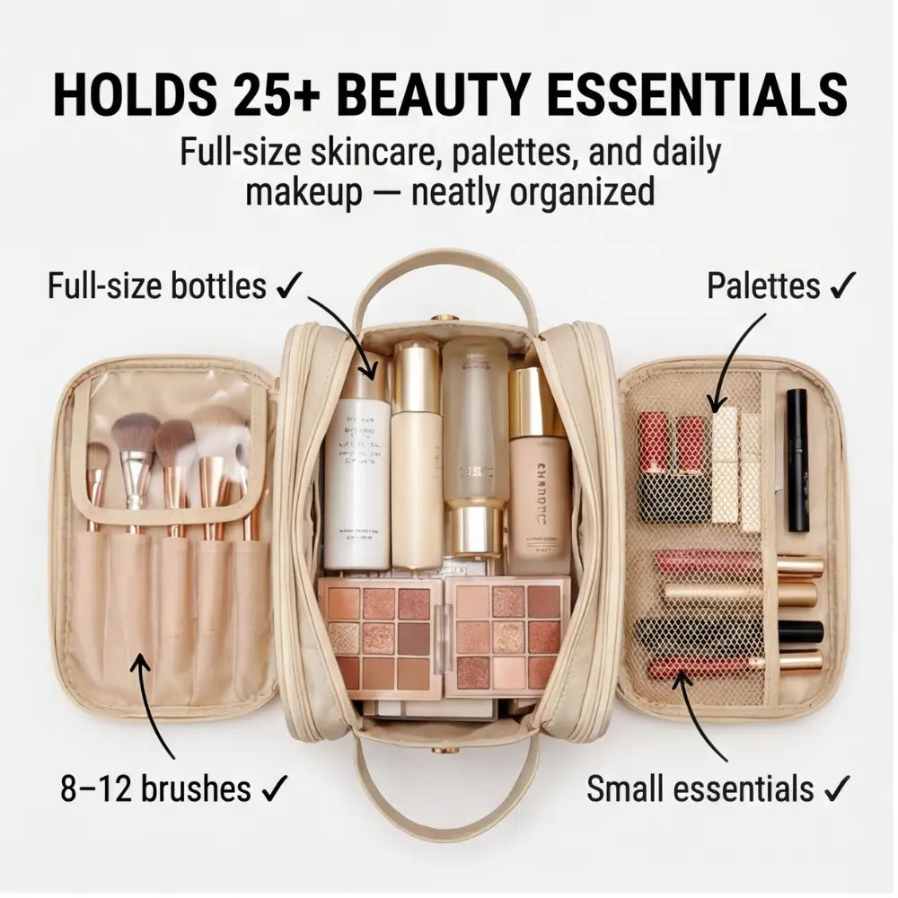 Makeup Organizer Bag Flat Foldable Dual-Zip & Brush Protectors