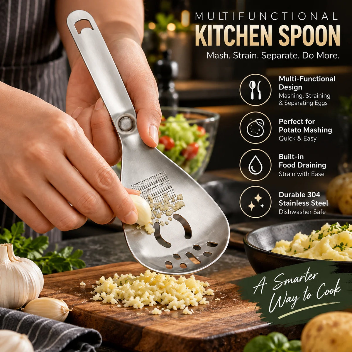 Masher & Strainer Spoon Multipurpose Stainless Steel Dishwasher-Safe