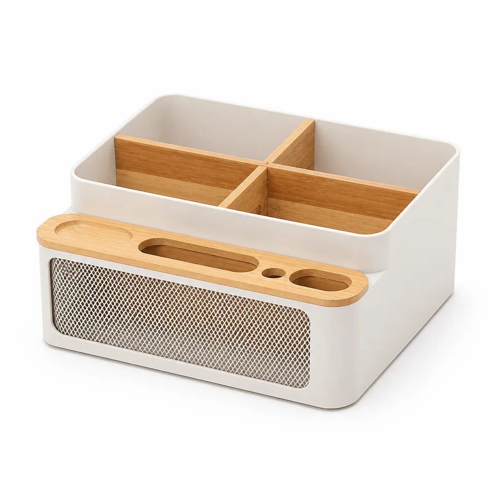 Mesh Pocket And Phone Stand Desktop Organizer (4-Compartment Grid)