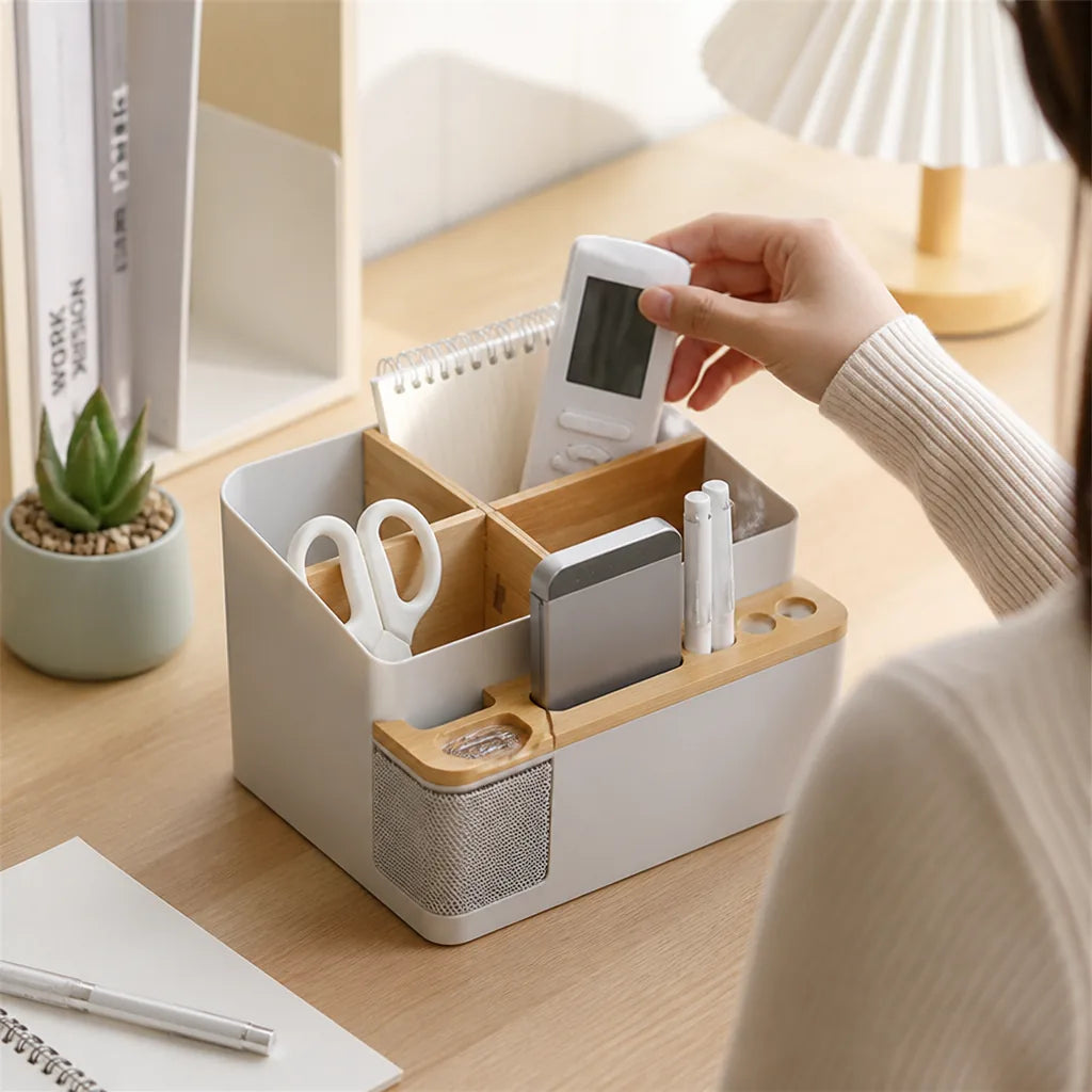 Mesh Pocket And Phone Stand Desktop Organizer (4-Compartment Grid)