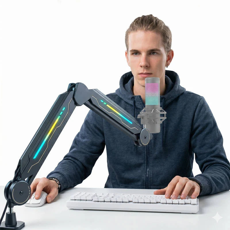 Microphone Boom Arm 29.5 Inch Reach Steel & RGB Lighting