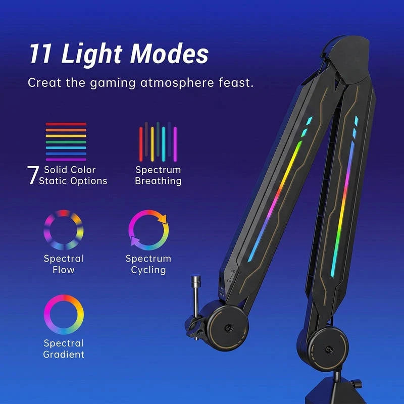 Microphone Boom Arm 29.5 Inch Reach Steel & RGB Lighting