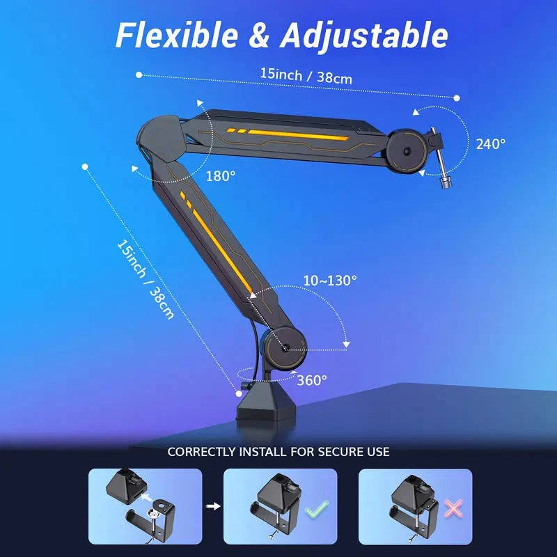 Microphone Boom Arm 29.5 Inch Reach Steel & RGB Lighting