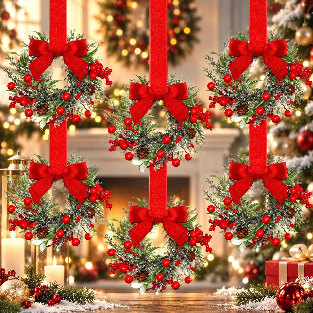 Mini Christmas Wreaths Set of 6 With Berries & Pinecones