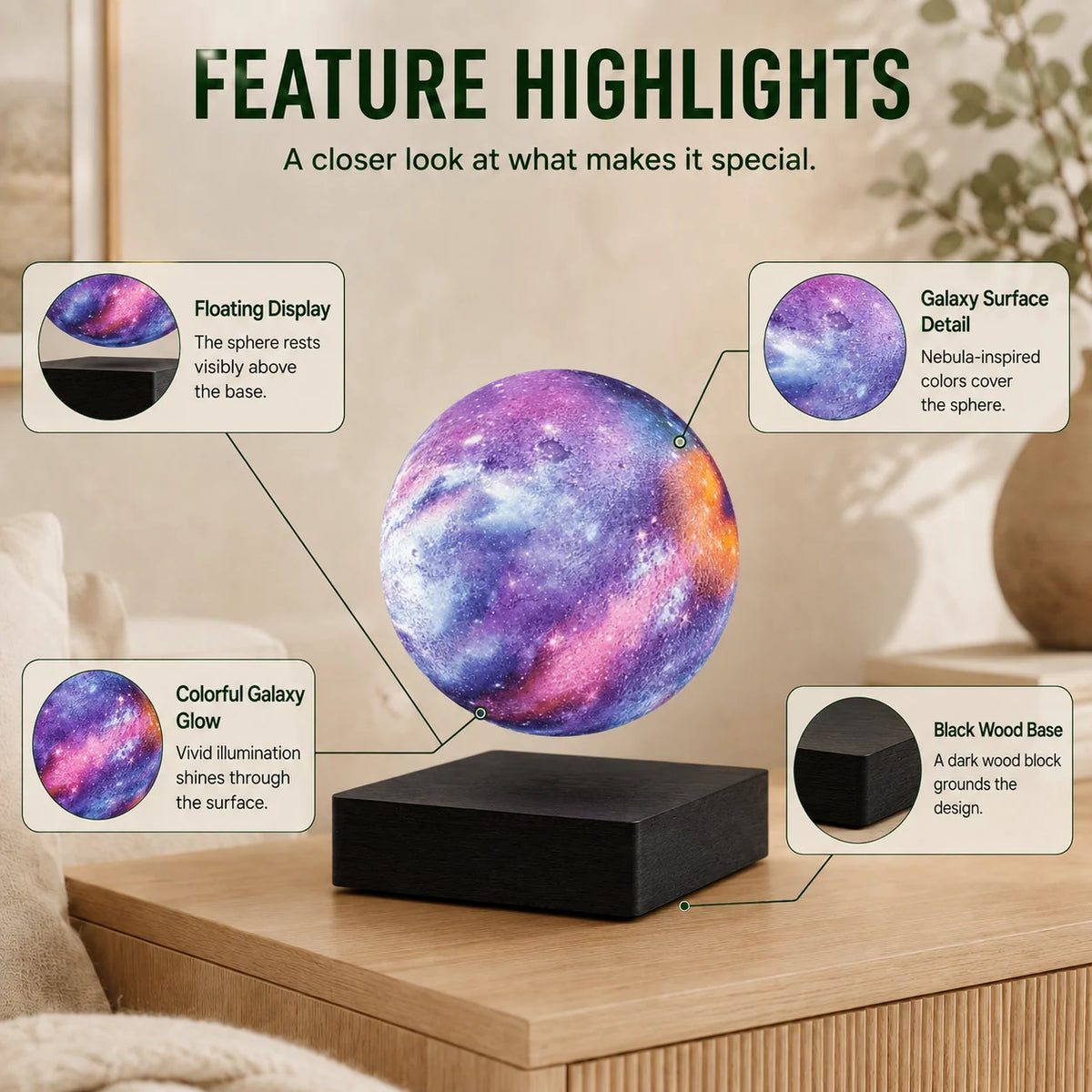 Moon Lamp Magnetic Floating Color-Changing Wood Base