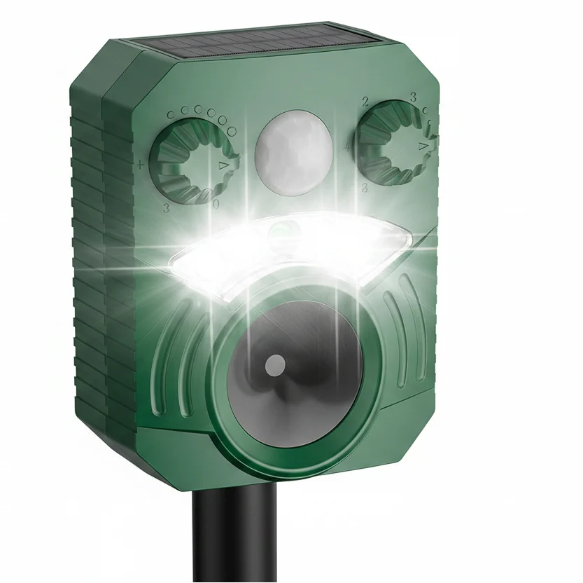Motion-Activated Animal Deterrent Ultrasonic & Flashing Light Solar Powered