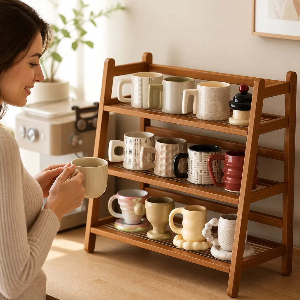 Mug Display Rack Tiered Natural Wood Space-Saving