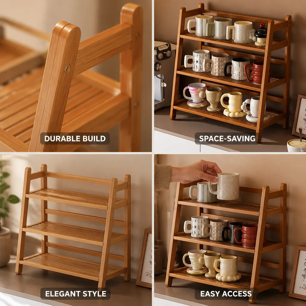 Mug Display Rack Tiered Natural Wood Space-Saving