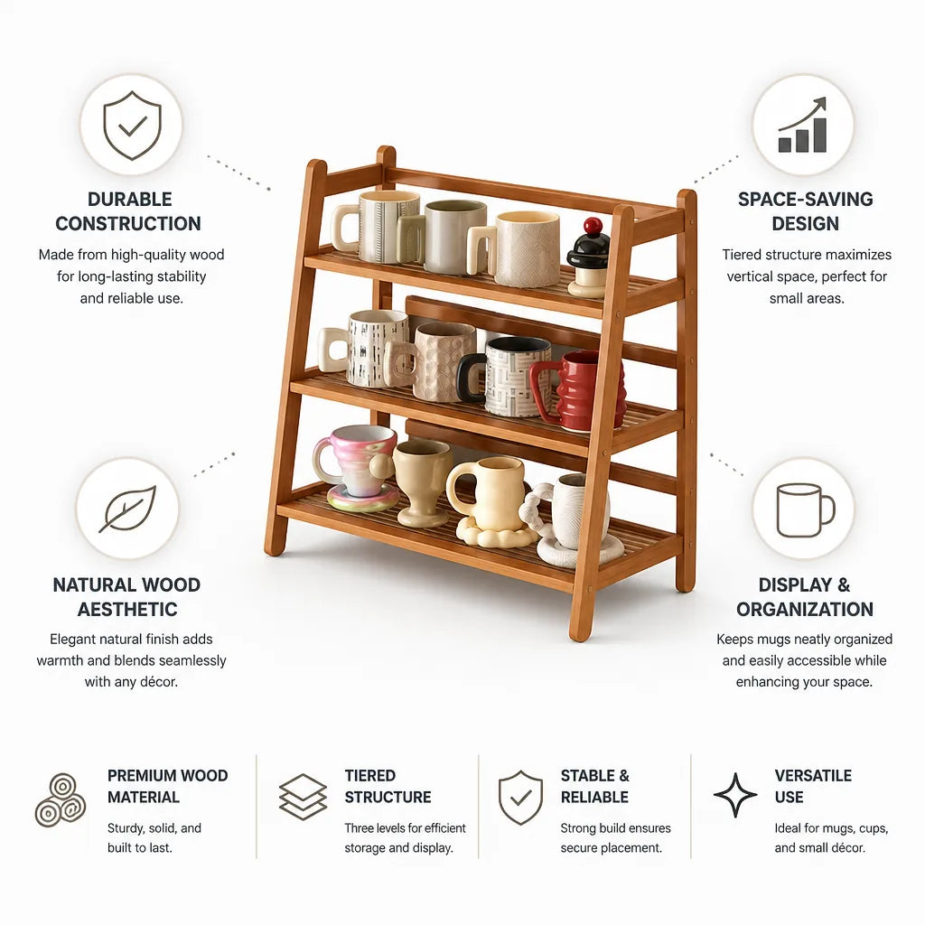 Mug Display Rack Tiered Natural Wood Space-Saving