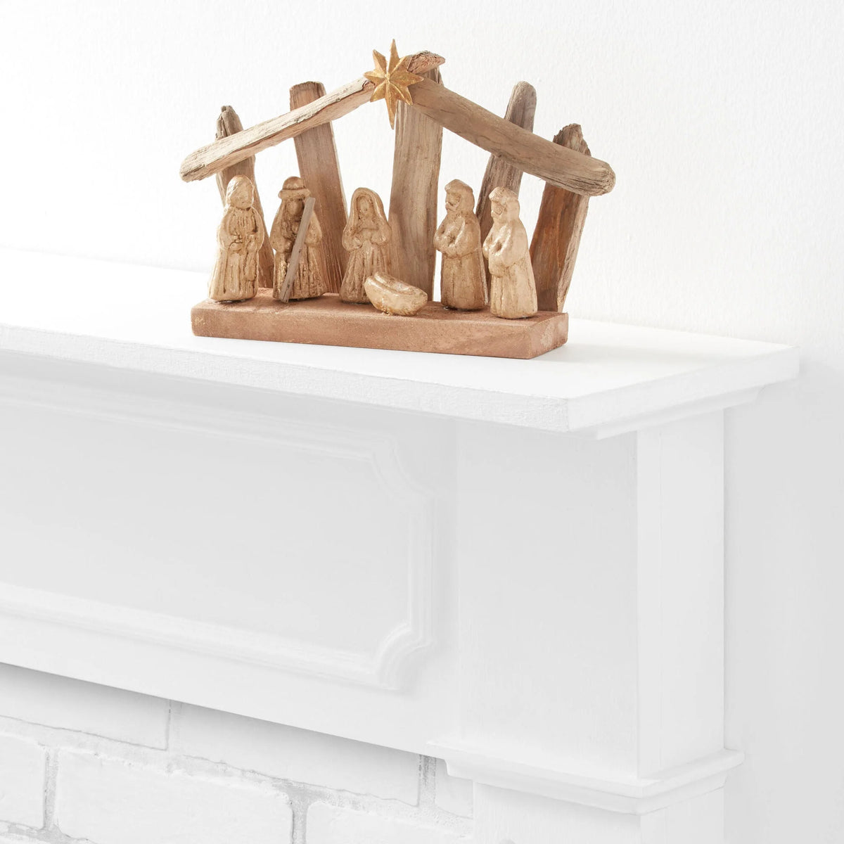 Nativity Creche Set Driftwood Stable & Gold-Wash Figures