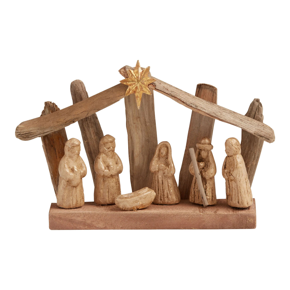 Nativity Creche Set Driftwood Stable & Gold-Wash Figures