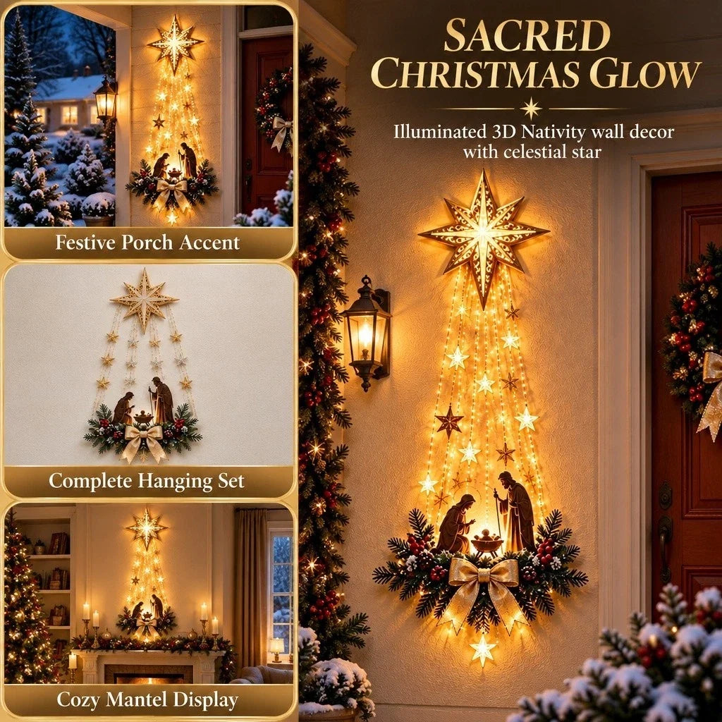 Nativity Wall Decoration Holy Family Silhouette & Warm Star Lights