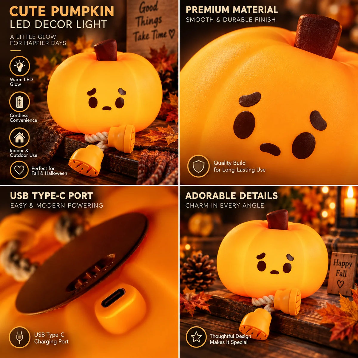Night Light Pumpkin Cordless Silicone Soft White Glow
