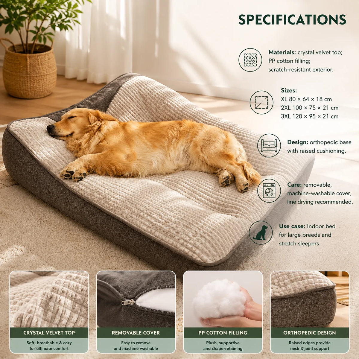 Orthopedic Bolster Dog Bed Crystal Velvet Washable Cover