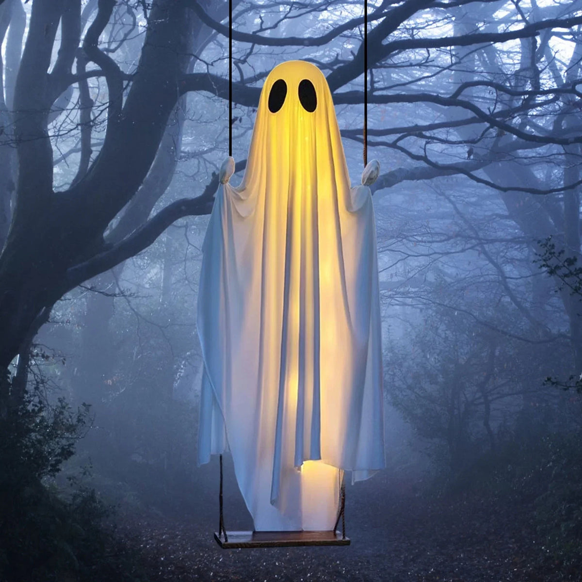 Outdoor Ghost Swing Glowing String Lights Wooden Seat & Rope