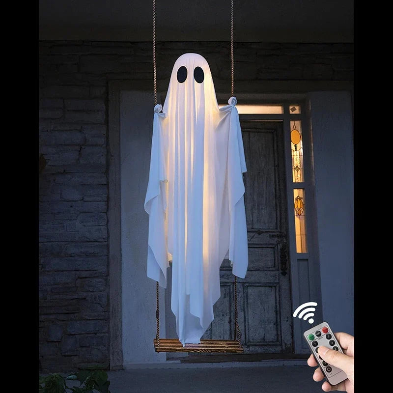 Outdoor Ghost Swing Glowing String Lights Wooden Seat & Rope