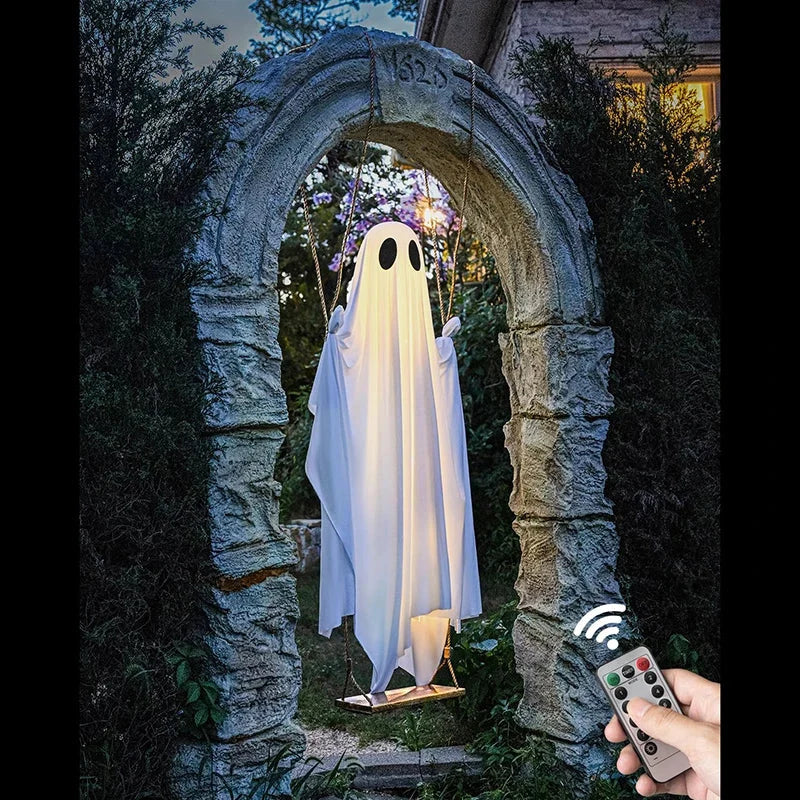 Outdoor Ghost Swing Glowing String Lights Wooden Seat & Rope